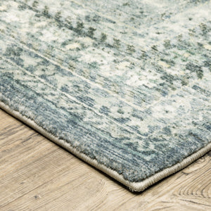 HomeRoots 2' Blue Ivory and Grey Oriental Runner Rug - Stain-Resistant, Soft Low Pile for Hallways & Entryways 2' x 8' 509676