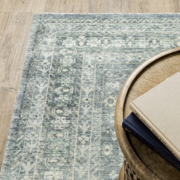 HomeRoots 2' Blue Ivory and Grey Oriental Runner Rug - Stain-Resistant, Soft Low Pile for Hallways & Entryways 2' x 8' 509676