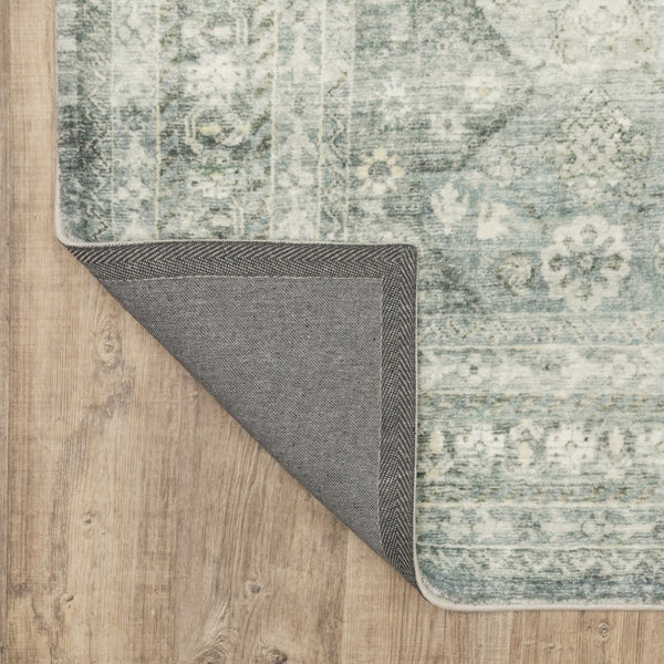 HomeRoots 2' Blue Ivory and Grey Oriental Runner Rug - Stain-Resistant, Soft Low Pile for Hallways & Entryways 2' x 8' 509676