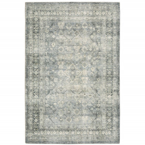 HomeRoots 2' Blue Ivory and Grey Oriental Runner Rug - Stain-Resistant, Soft Low Pile for Hallways & Entryways 5' X 7' 509677