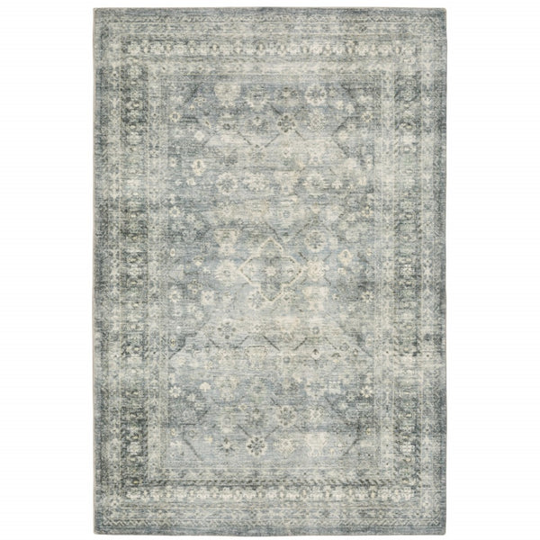 HomeRoots 2' Blue Ivory and Grey Oriental Runner Rug - Stain-Resistant, Soft Low Pile for Hallways & Entryways 5' X 7' 509677
