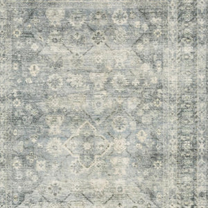 HomeRoots 2' Blue Ivory and Grey Oriental Runner Rug - Stain-Resistant, Soft Low Pile for Hallways & Entryways 5' X 7' 509677