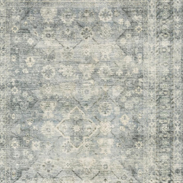 HomeRoots 2' Blue Ivory and Grey Oriental Runner Rug - Stain-Resistant, Soft Low Pile for Hallways & Entryways 5' X 7' 509677