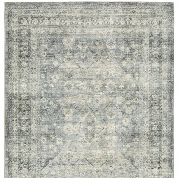 HomeRoots 2' Blue Ivory and Grey Oriental Runner Rug - Stain-Resistant, Soft Low Pile for Hallways & Entryways 5' X 7' 509677