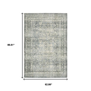 HomeRoots 2' Blue Ivory and Grey Oriental Runner Rug - Stain-Resistant, Soft Low Pile for Hallways & Entryways 5' X 7' 509677
