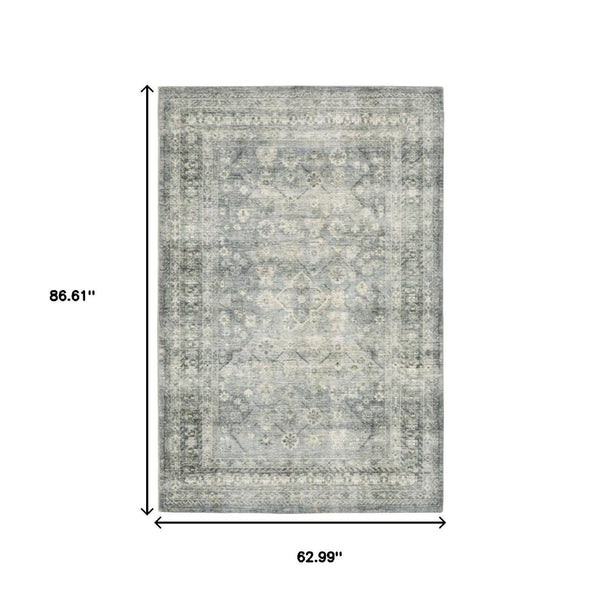 HomeRoots 2' Blue Ivory and Grey Oriental Runner Rug - Stain-Resistant, Soft Low Pile for Hallways & Entryways 5' X 7' 509677