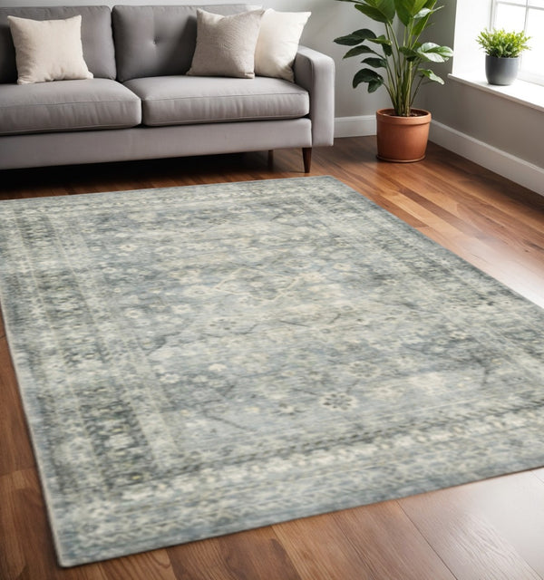 HomeRoots 2' Blue Ivory and Grey Oriental Runner Rug - Stain-Resistant, Soft Low Pile for Hallways & Entryways 5' X 7' 509677