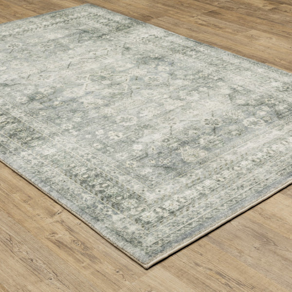 HomeRoots 2' Blue Ivory and Grey Oriental Runner Rug - Stain-Resistant, Soft Low Pile for Hallways & Entryways 5' X 7' 509677
