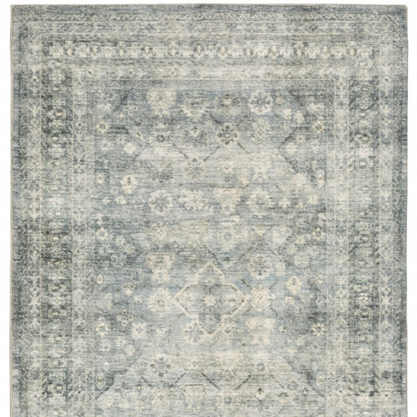 HomeRoots 2' Blue Ivory and Grey Oriental Runner Rug - Stain-Resistant, Soft Low Pile for Hallways & Entryways 8' X 10' 509678