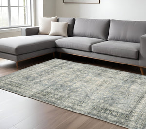 HomeRoots 2' Blue Ivory and Grey Oriental Runner Rug - Stain-Resistant, Soft Low Pile for Hallways & Entryways 8' X 10' 509678