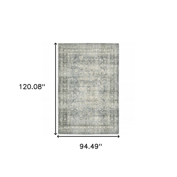 HomeRoots 2' Blue Ivory and Grey Oriental Runner Rug - Stain-Resistant, Soft Low Pile for Hallways & Entryways 8' X 10' 509678