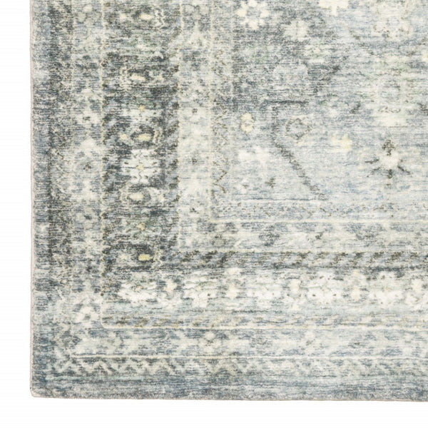 HomeRoots 2' Blue Ivory and Grey Oriental Runner Rug - Stain-Resistant, Soft Low Pile for Hallways & Entryways 8' X 10' 509678
