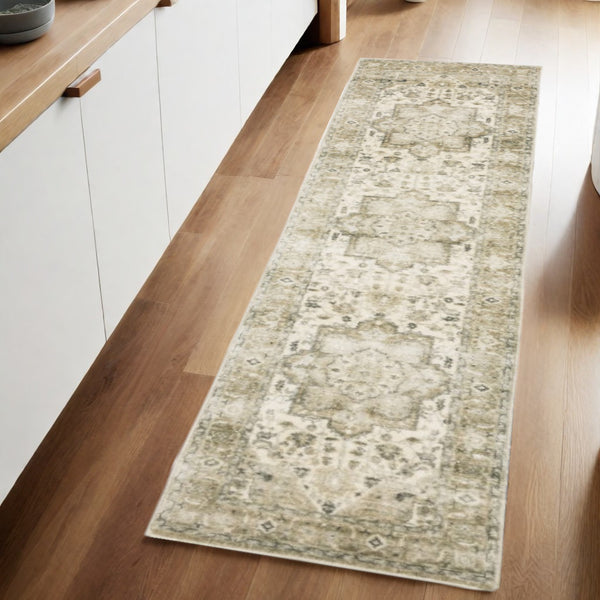 Homeroots 8' Tan And Ivory Oriental Power Loom Runner Rug  Polyester 509679