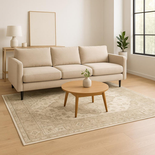 HomeRoots 8' Tan and Ivory Oriental Runner Rug - Stylish Power-Loomed Design for Hallways and Entryways 5' X 7' 509680