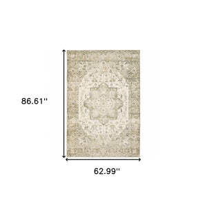HomeRoots 8' Tan and Ivory Oriental Runner Rug - Stylish Power-Loomed Design for Hallways and Entryways 5' X 7' 509680