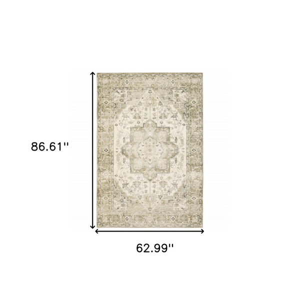HomeRoots 8' Tan and Ivory Oriental Runner Rug - Stylish Power-Loomed Design for Hallways and Entryways 5' X 7' 509680