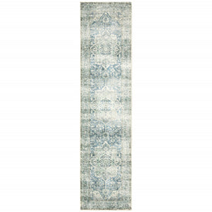 HomeRoots 2' Vibrant Abstract Power Loom Runner Rug - Stain Resistant, Easy-Care, Modern Design for High Traffic Areas Grey/ Blue 2' x 8' 509682