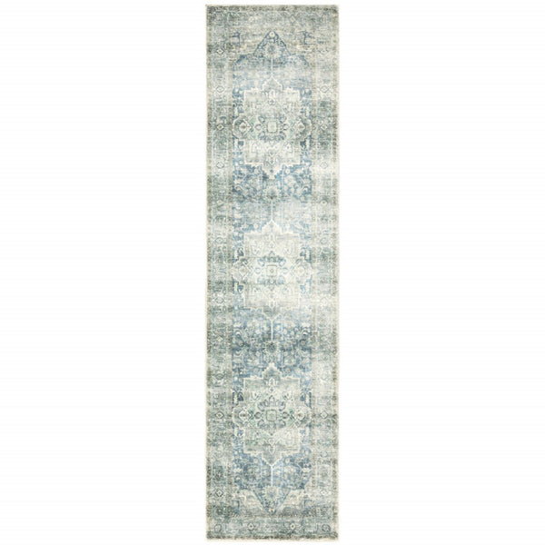 HomeRoots 2' Vibrant Abstract Power Loom Runner Rug - Stain Resistant, Easy-Care, Modern Design for High Traffic Areas Grey/ Blue 2' x 8' 509682