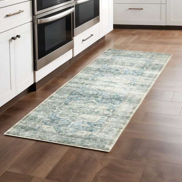 HomeRoots 2' Vibrant Abstract Power Loom Runner Rug - Stain Resistant, Easy-Care, Modern Design for High Traffic Areas Grey/ Blue 2' x 8' 509682