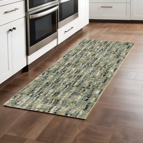 HomeRoots 2' Abstract Power Loom Runner Rug in Soothing Green, Blue, and Beige - Stain Resistant, Durable Design 2'3" x 7'6" 509685