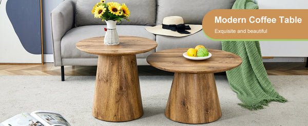 English Elm Nested Round Coffee Table Set Two Piece Wood Grain Veneer for Living Room or Office W2920S00113