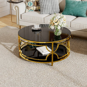 English Elm Round Tempered Glass Coffee Table with Gold Geometric Metal Base and Open Storage Shelf Black N735P396530B
