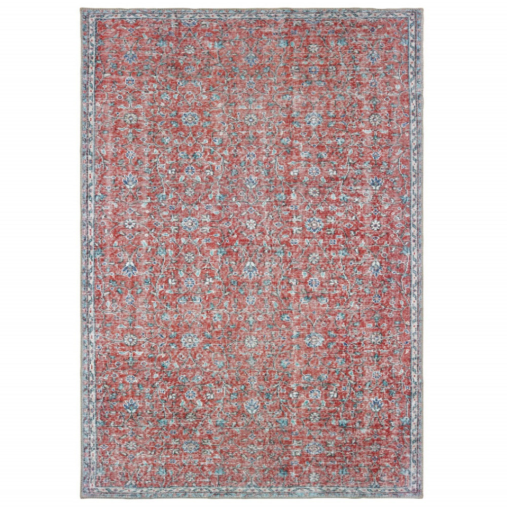 HomeRoots 8' Red and Blue Oriental Power Loom Area Rug - Stain Resistant, Durable, Vintage Charm for Any Space 8' X 11' 509782