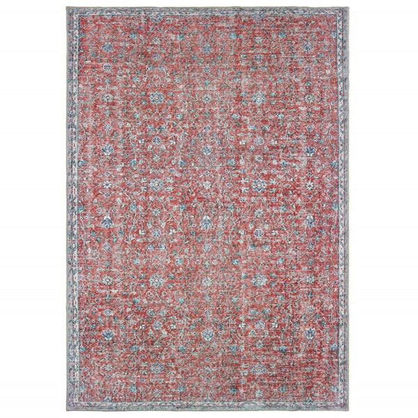 HomeRoots 8' Red and Blue Oriental Power Loom Area Rug - Stain Resistant, Durable, Vintage Charm for Any Space 8' X 11' 509782