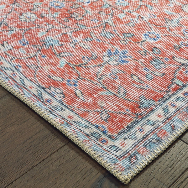 HomeRoots 8' Red and Blue Oriental Power Loom Area Rug - Stain Resistant, Durable, Vintage Charm for Any Space 8' X 11' 509782