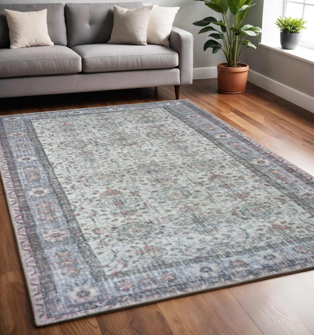 HomeRoots 5' Ivory and Blue Oriental Area Rug - Stain-Resistant, Durable, Elegant Design for Any Space 5' X 8' 509795