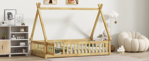 English Elm Twin Tent-Shaped Floor Bed With Guardrails, Playful Design, Natural Wood Finish, Safe & Cozy Space W504P345783-GIGA