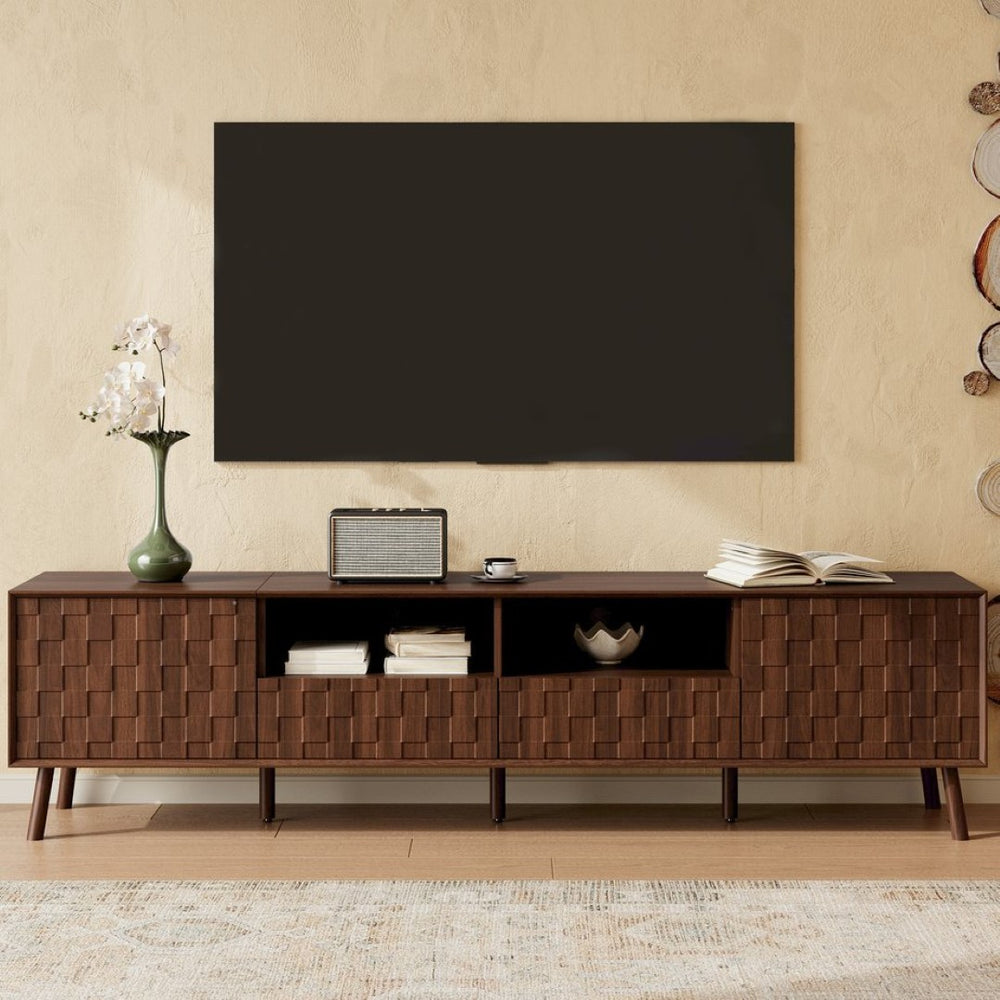English Elm 78 Inch Walnut Entertainment Center Fluted Doors Solid Wood Legs for Living Room N710P372591P