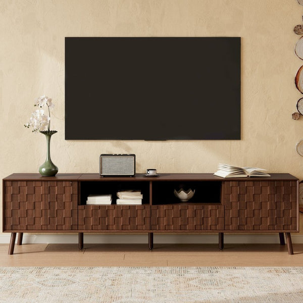 English Elm 78 Inch Walnut Entertainment Center Fluted Doors Solid Wood Legs for Living Room N710P372591P