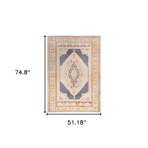 Homeroots 4' X 6' Grey And Gold Oriental Power Loom Stain Resistant Area Rug Grey,Gold Polyester 509814