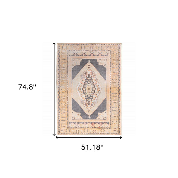 Homeroots 4' X 6' Grey And Gold Oriental Power Loom Stain Resistant Area Rug Grey,Gold Polyester 509814