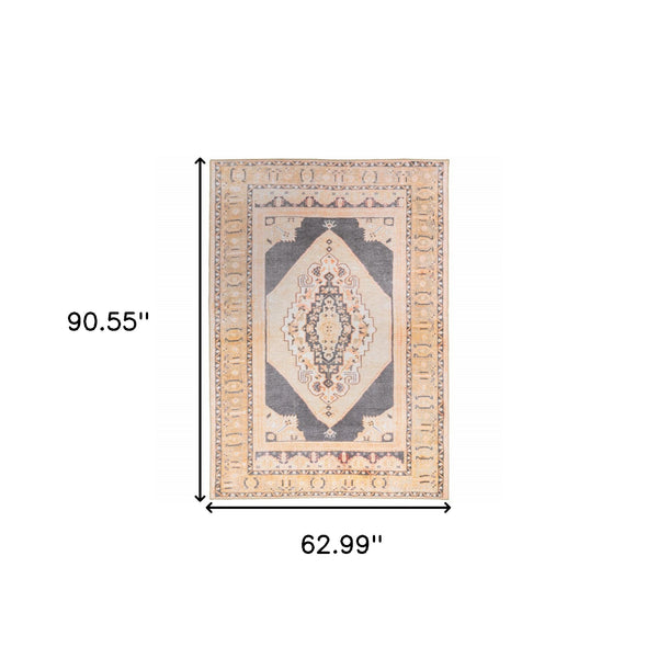Homeroots 5' X 8' Grey And Gold Oriental Power Loom Stain Resistant Area Rug Grey,Gold Polyester 509815