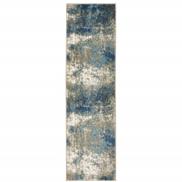 Homeroots 2' X 8' Blue Grey And Beige Abstract Power Loom Stain Resistant Runner Rug Blue,Grey Polypropylene 509818