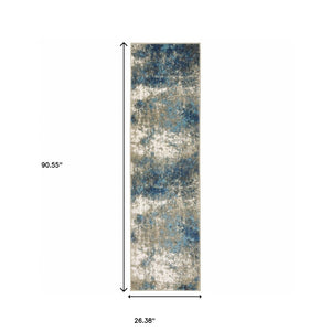 Homeroots 2' X 8' Blue Grey And Beige Abstract Power Loom Stain Resistant Runner Rug Blue,Grey Polypropylene 509818