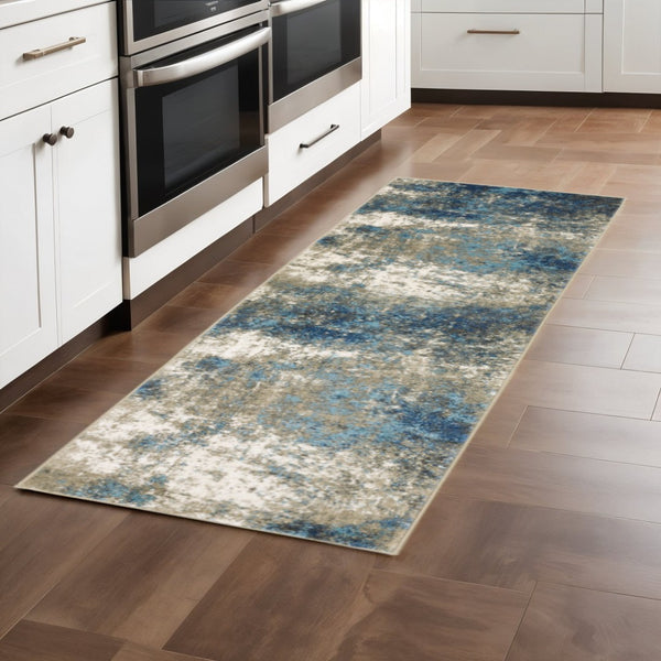 HomeRoots 2' Contemporary Abstract Power Loom Runner Rug – Stain Resistant, Perfect for High-Traffic Areas Blue/ Grey 2'3" x 7'6" 509818