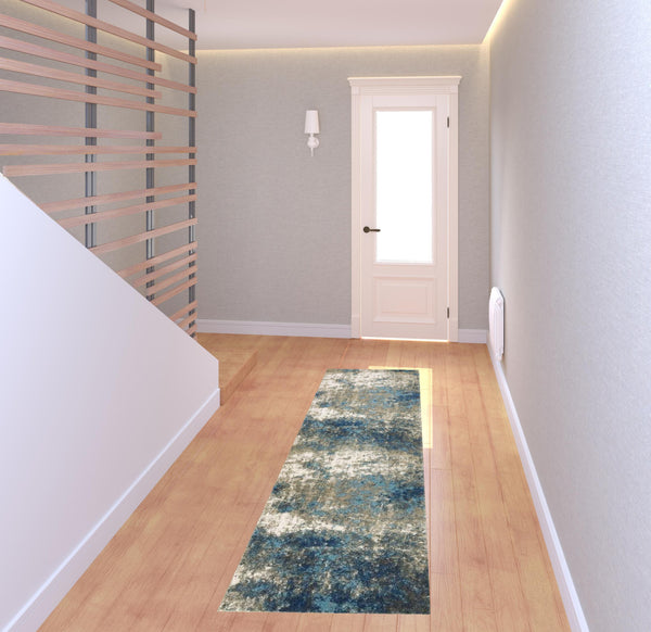 Homeroots 2' X 8' Blue Grey And Beige Abstract Power Loom Stain Resistant Runner Rug Blue,Grey Polypropylene 509818