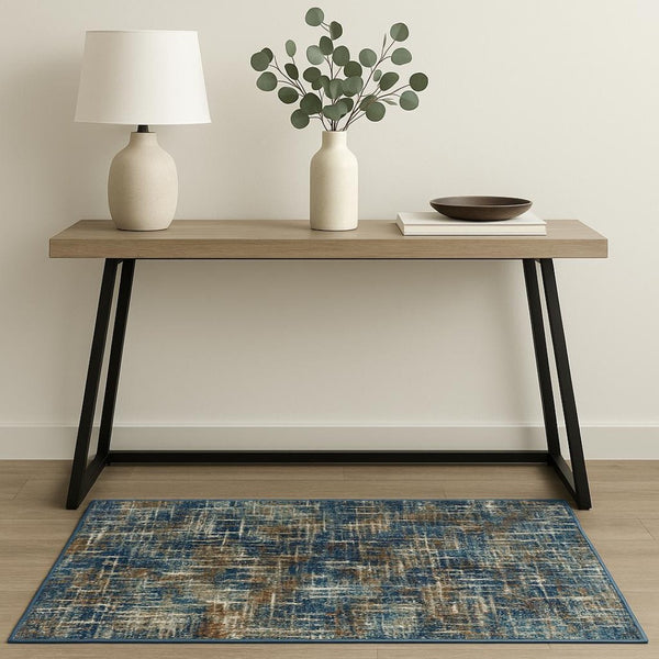 HomeRoots 2' Abstract Power Loom Runner Rug in Blue, Teal, Gold & Rust - Stain Resistant for High-Traffic Areas 4' X 6' 509831
