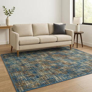 HomeRoots 2' Abstract Power Loom Runner Rug in Blue, Teal, Gold & Rust - Stain Resistant for High-Traffic Areas 5' X 7' 509832