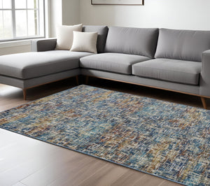 HomeRoots 2' Abstract Power Loom Runner Rug in Blue, Teal, Gold & Rust - Stain Resistant for High-Traffic Areas 10' X 13' 509835