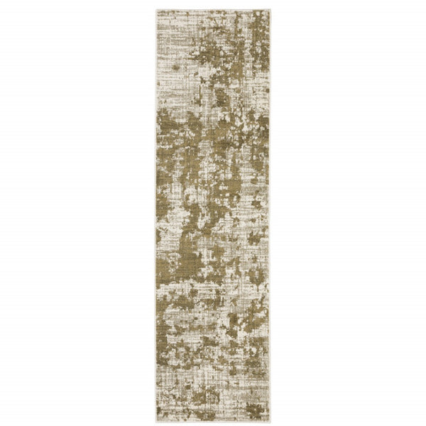 HomeRoots 2' Elegant Beige Gold and Grey Abstract Power Loom Runner Rug - Stain Resistant for High Traffic Areas 2'3" x 7'6" 509836