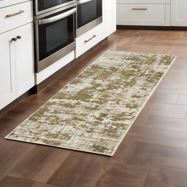 HomeRoots 2' Elegant Beige Gold and Grey Abstract Power Loom Runner Rug - Stain Resistant for High Traffic Areas 2'3" x 7'6" 509836