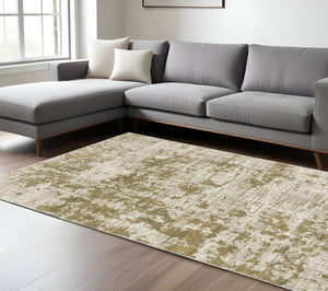HomeRoots 2' Elegant Beige Gold and Grey Abstract Power Loom Runner Rug - Stain Resistant for High Traffic Areas 10' X 13' 509841