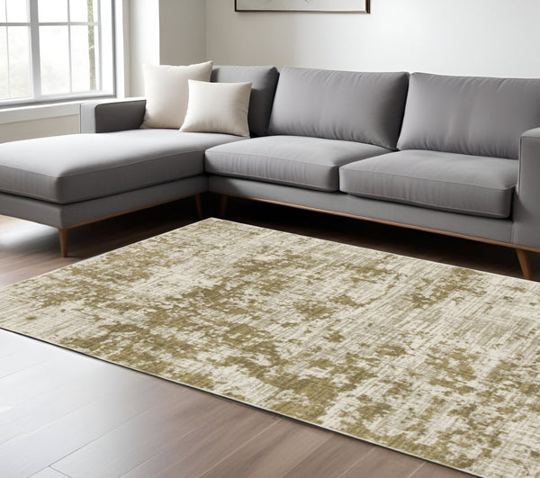 HomeRoots 2' Elegant Beige Gold and Grey Abstract Power Loom Runner Rug - Stain Resistant for High Traffic Areas 10' X 13' 509841