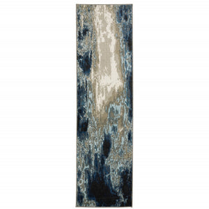 HomeRoots 2' Modern Abstract Power Loom Runner Rug in Blue, Grey, Charcoal, and Beige - Stain Resistant Design 2'3" x 7'6" 509842