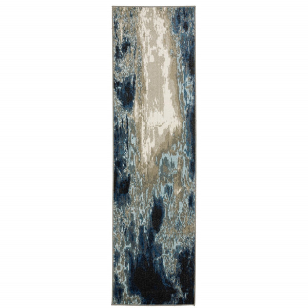 HomeRoots 2' Modern Abstract Power Loom Runner Rug in Blue, Grey, Charcoal, and Beige - Stain Resistant Design 2'3" x 7'6" 509842