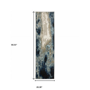 HomeRoots 2' Modern Abstract Power Loom Runner Rug in Blue, Grey, Charcoal, and Beige - Stain Resistant Design 2'3" x 7'6" 509842